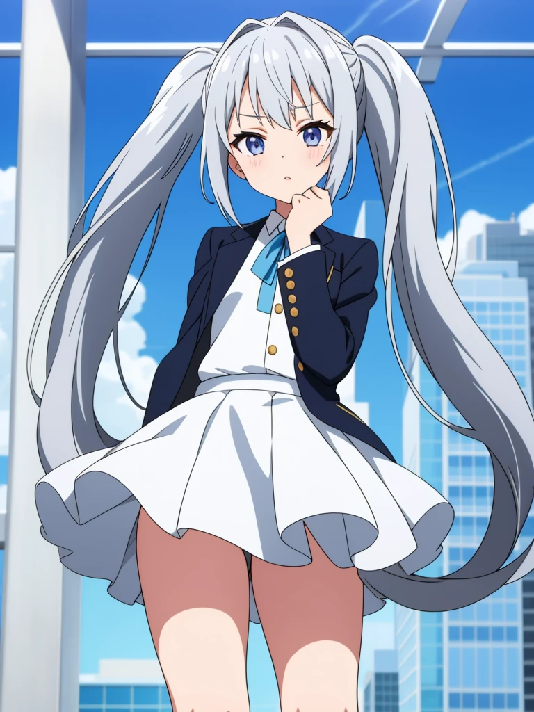 1girl, anime girl, silver hair, long twintails, silver eyes, dark blue school suit, white skirt with white line