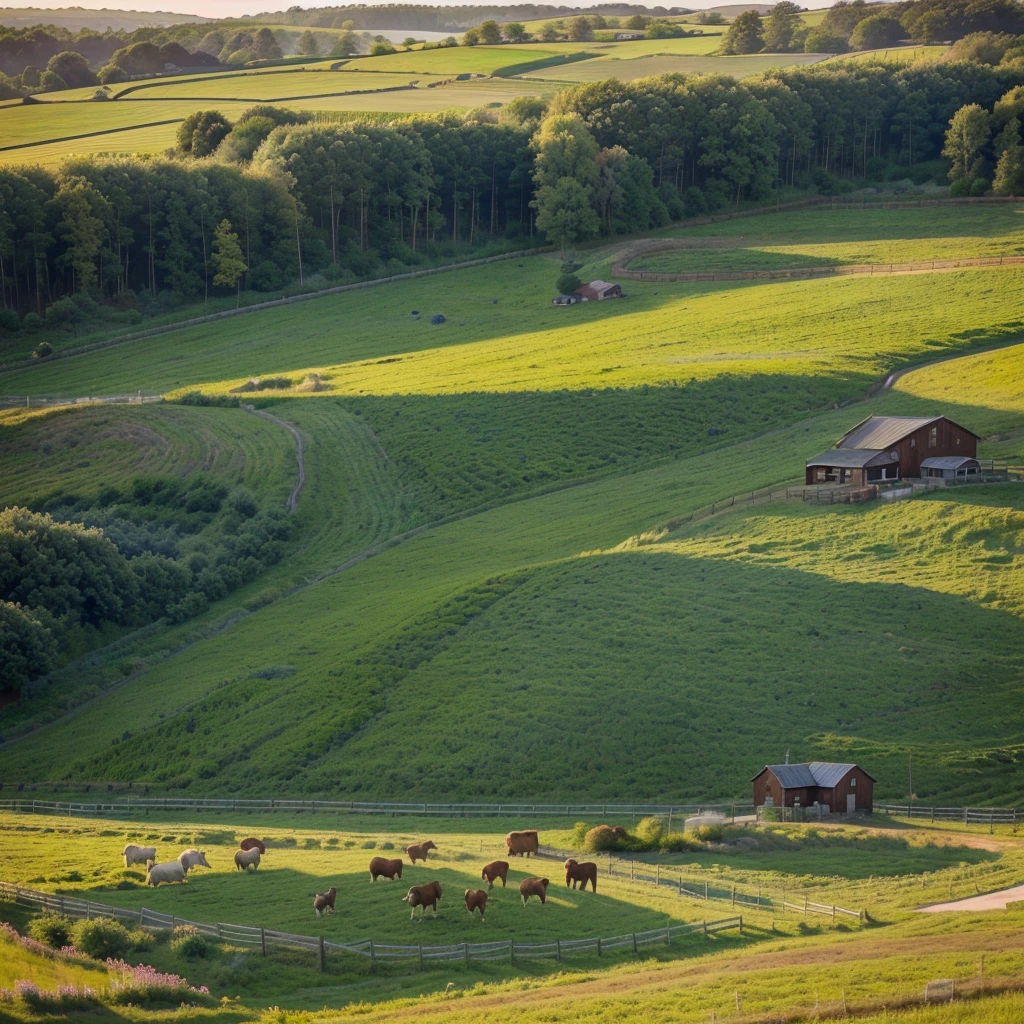 "Create a high-resolution, professional-quality image of a peaceful, idyllic countryside landscape at sunrise. The scene should depict rolling hills covered with lush green grass and wildflowers in full bloom. A quaint, rustic farmhouse with a red roof and white walls sits in the middle ground, surrounded by a wooden fence and a well-tended vegetable garden. In the foreground, include a dirt path leading towards the farmhouse, bordered by tall, dew-covered grasses and blooming flowers. The sky is painted with the soft, warm hues of dawn, casting a gentle golden light over the entire landscape. A few farm animals, such as cows and chickens, can be seen grazing or roaming near the farmhouse, adding a touch of rural charm. Ensure the composition captures the tranquility and beauty of country life, with vibrant colors and detailed textures. This image should evoke feelings of peace, simplicity, and natural beauty, making it ideal for themes related to rural living, agriculture, and nature on stock photography platforms."