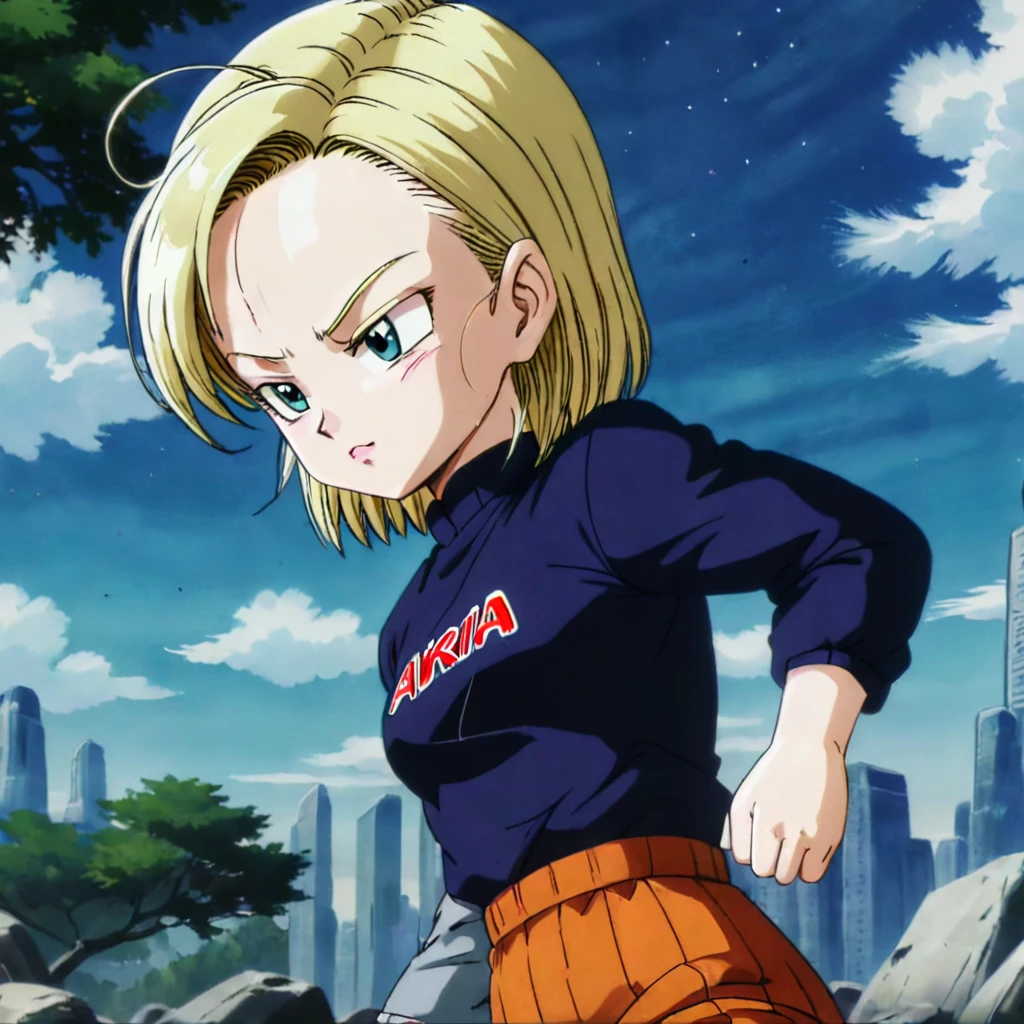 anime screencap in mnst artstyle, android 18, hd, 4k, high-quality in the style of akira toriyama