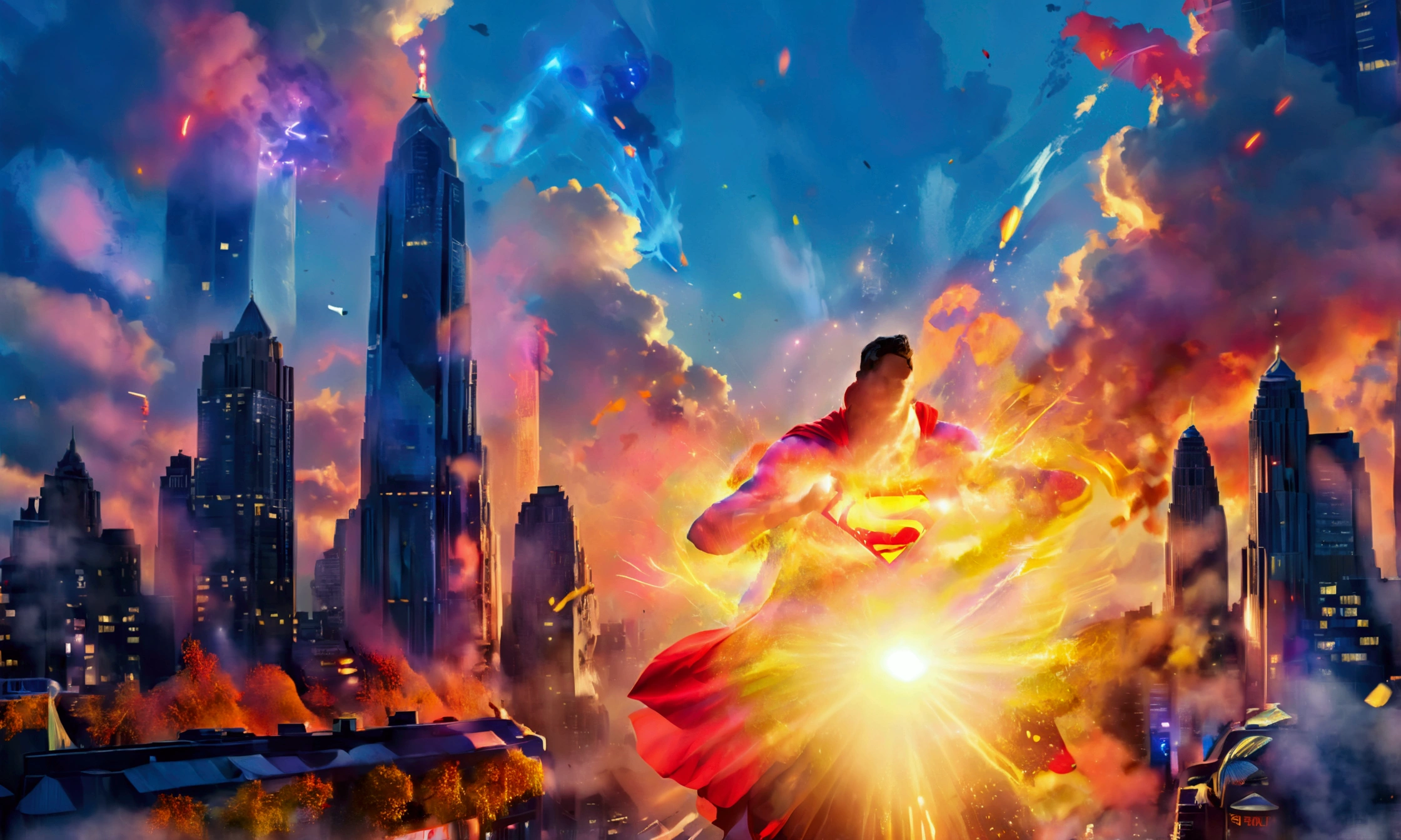 Imagine a vibrant, bustling cityscape filled with towering skyscrapers, busy streets, and a sea of people going about their day. Above this energetic urban landscape, Superman soars majestically through the clear blue sky.

Superman, with his iconic red cape billowing behind him, exudes power and grace. His blue suit with the bold red and yellow "S" emblem on his chest is instantly recognizable. The sunlight glints off his suit, highlighting his muscular form and determined expression.

Below, the city is alive with activity. Cars and buses navigate through the crowded streets, honking and moving in a synchronized dance. Pedestrians fill the sidewalks, some pausing to look up in awe as their hero flies overhead. Billboards and neon signs add splashes of color to the scene, advertising everything from the latest movies to local businesses.