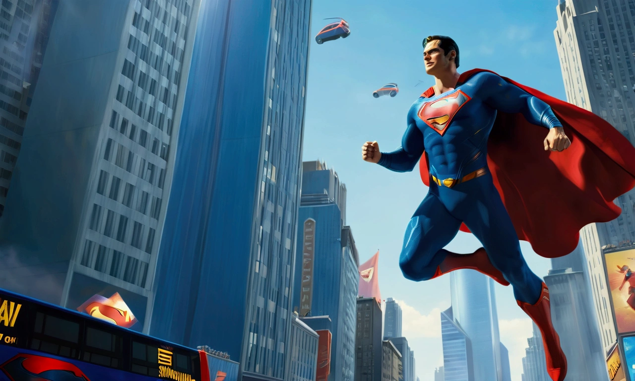 Imagine a vibrant, bustling cityscape filled with towering skyscrapers, busy streets, and a sea of people going about their day. Above this energetic urban landscape, Superman soars majestically through the clear blue sky.

Superman, with his iconic red cape billowing behind him, exudes power and grace. His blue suit with the bold red and yellow "S" emblem on his chest is instantly recognizable. The sunlight glints off his suit, highlighting his muscular form and determined expression.

Below, the city is alive with activity. Cars and buses navigate through the crowded streets, honking and moving in a synchronized dance. Pedestrians fill the sidewalks, some pausing to look up in awe as their hero flies overhead. Billboards and neon signs add splashes of color to the scene, advertising everything from the latest movies to local businesses.