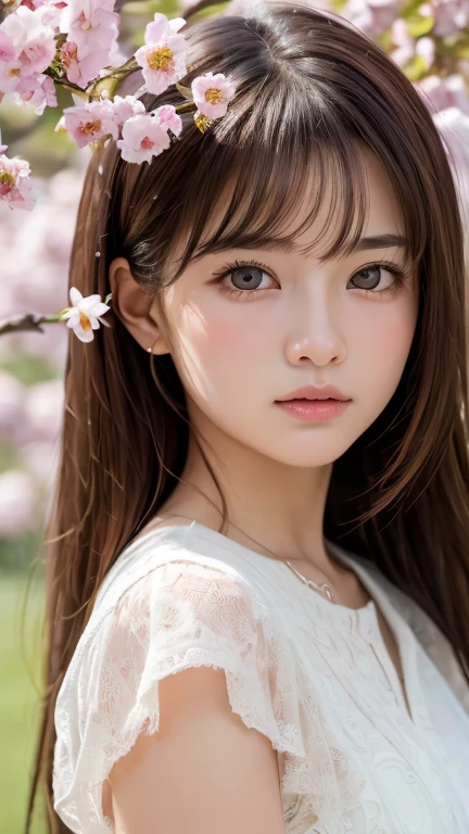 One Girl、（beautiful girl、Delicate girl：1.3）、（21 years old：1.3）、break、（Spring Clothes：1.3）、break、Very beautiful eyes、（Symmetrical eyes：1.3）、break、（Countless flowers、In a colorful flower field:1.3)、Perfectly shaped and anthropomorphic fingers、break、Small breasts、Brown eyes、(((Shortcuts)))、Parted bangs、Brown Hair、break、(Eye and facial details:1.0)、break、(masterpiece、Highest quality、Very detailed) 、Detailed face、8K）、Cowboy Shot、
