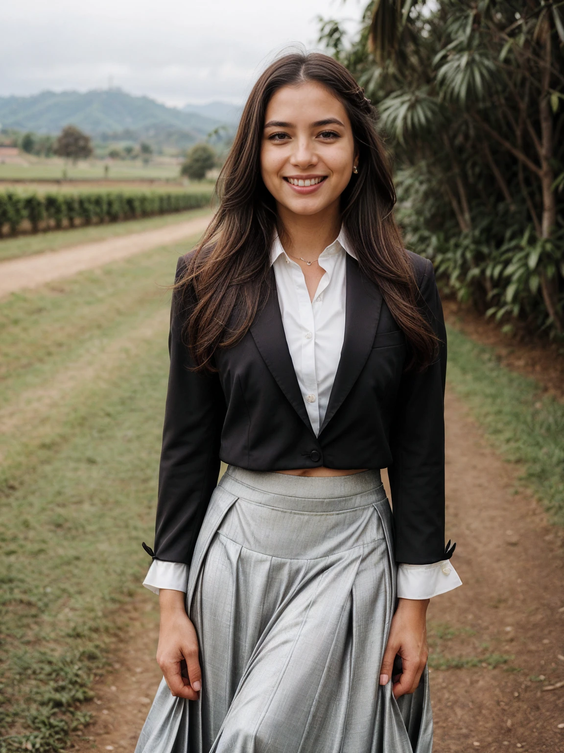 smiling colombian woman, (((Hair courtesy suits,((long skirt)),(head of'artwork, Superior quality, Droit proche et lointain), Belle expression, and 8K, Photo brute, photorealistic, Grains de film, Chromatic aeration, high resolution, ultra-detailed, finely detailed, dynamic lighting, dramatic lighting、shadowy、extremely detailed eyes and face、Modern and luxurious round music stand)))、Good shape