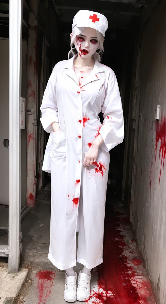 ((Female zombie))((Both eyes are completely white:1.2))((White skin, Really long legs))((Very huge))((Wearing ragged nurse uniform))((Wear White色高跟鞋))((Covered in blood))((Wear White))