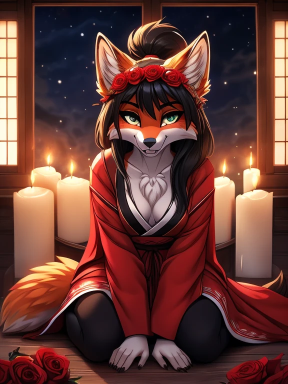 Anthro female red fox high definition good anatomy add_detail:1, red fur, kitsune ears, cute girl add_detail:1, indoors in bedroom add_detail:1, black colored japanese shrine costume with rose patterns on them add_detail:3, black clothing, clothing with rose patterns, add_detail:1, full body, highly detailed face, deep green iris add_detail:1, wolf claws, sharp fangs add_detail:1, wild slut add_detail:1, on knees, blushing, looking up at viewer, friendly smile, smile, friendly, black hair, classic ponytail, face markings, face fur patterns black, speech bubble, heart, hearts, flower on head, night, moody lighting, illumination by candle