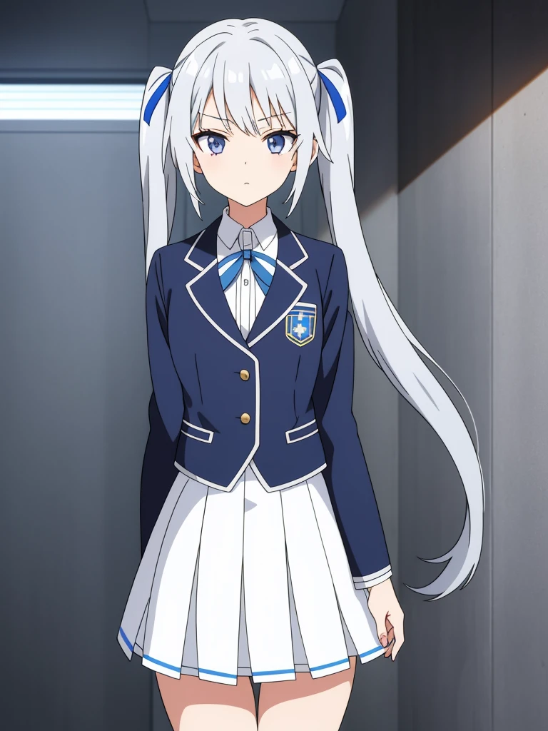 1girl, anime girl, silver hair, long twintails, silver eyes, dark blue school suit, white skirt with white line