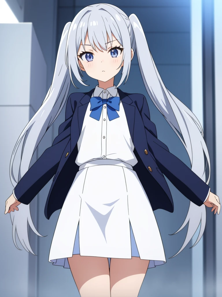  1girl, anime girl, silver hair, long twintails, silver eyes, dark blue school suit, white skirt with white line