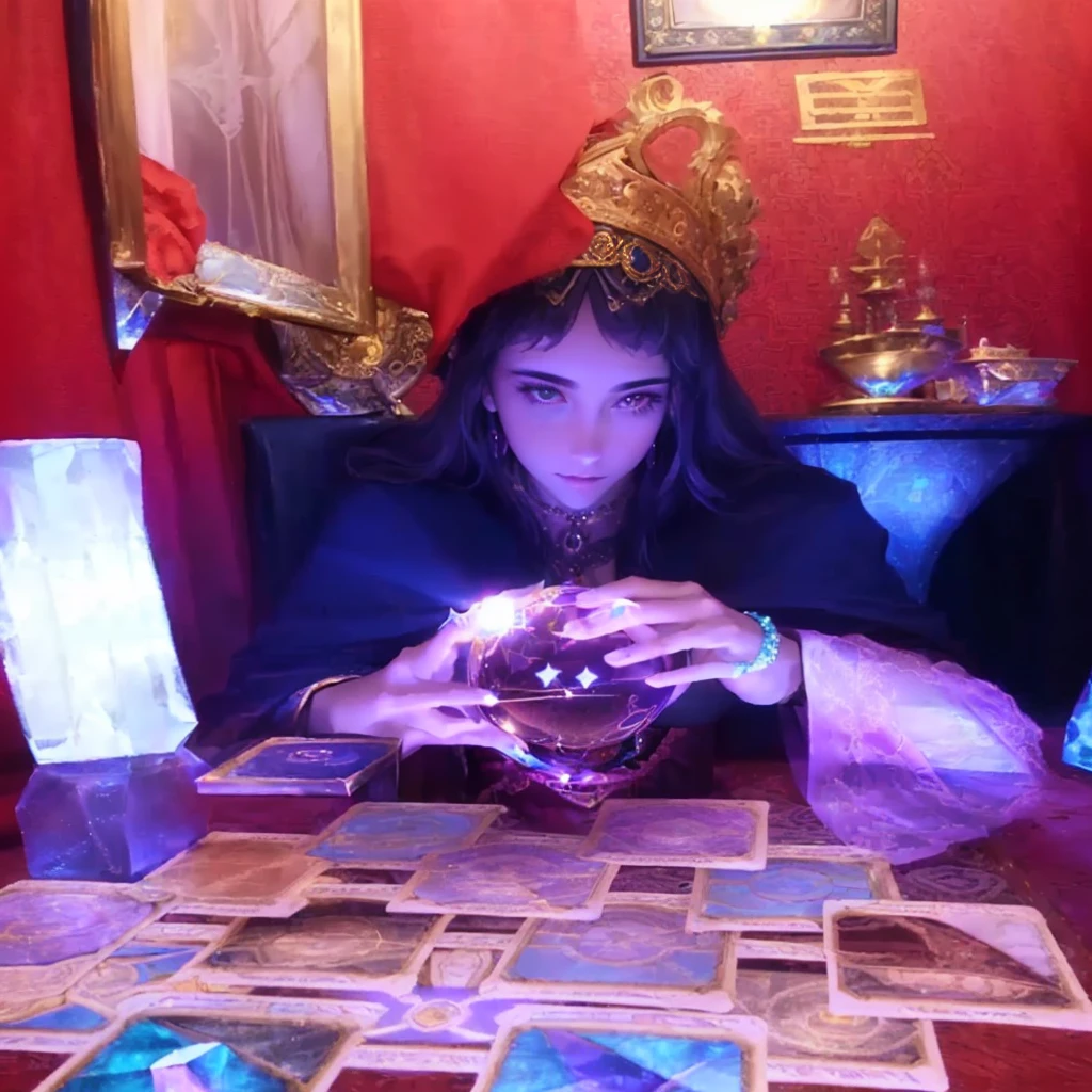 there is a woman sitting at a table with a glass of wine, fortune teller, holding a crystal ball, casting a protection spell, beautiful stella maeve magician, mystical setting, tarot!!, by Rhea Carmi, spell casting, psychic girl, gorgeous stella maeve magician, casting magic spell, mystical feeling, dressed as an oracle, as a tarot card