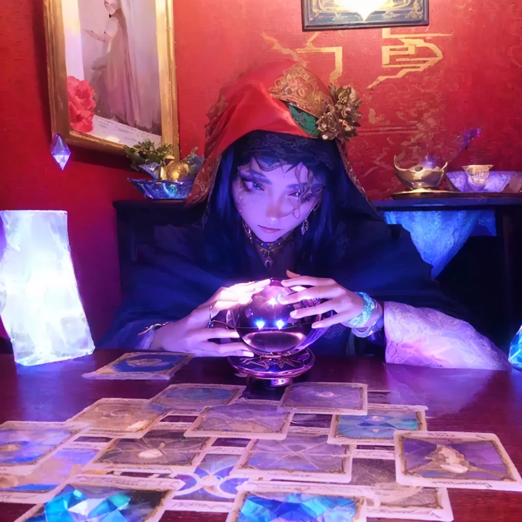 there is a woman sitting at a table with a glass of wine, fortune teller, holding a crystal ball, casting a protection spell, beautiful stella maeve magician, mystical setting, tarot!!, by Rhea Carmi, spell casting, psychic girl, gorgeous stella maeve magician, casting magic spell, mystical feeling, dressed as an oracle, as a tarot card