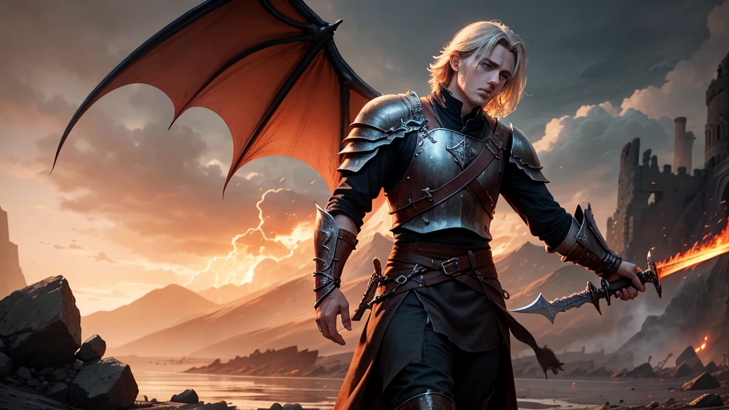 In the Devastated Lands of Valyria, where scars of war run deep,
Draegan strides with courage, fire blazing in his eyes.
With sword ablaze and dragon wings unfurled,
He bears the legacy of skies, son of Elara, power in his veins.