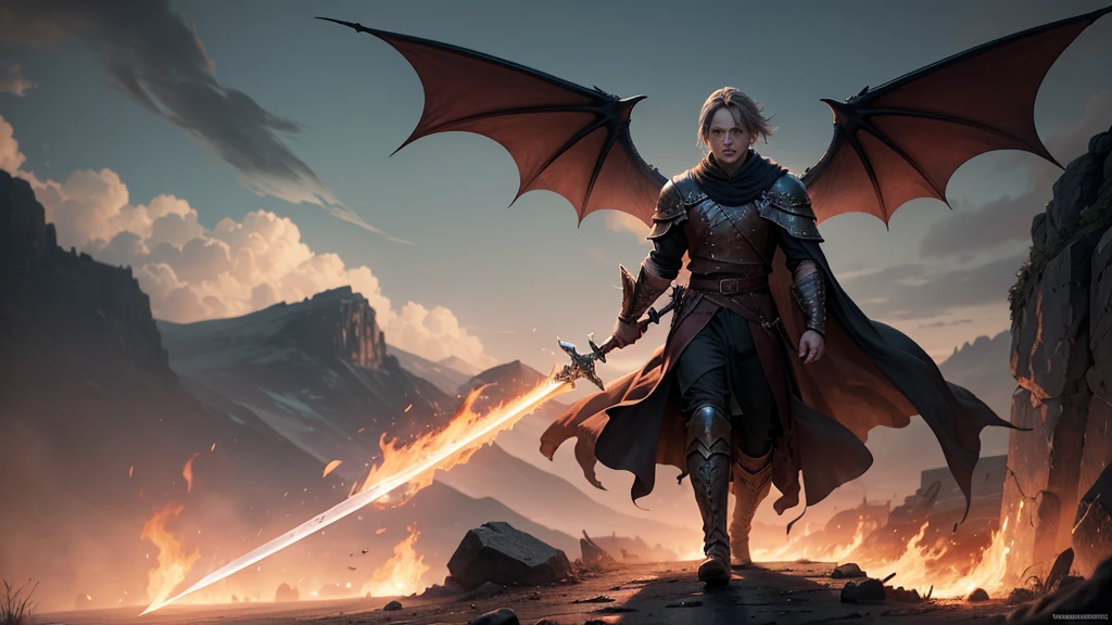 In the Devastated Lands of Valyria, where scars of war run deep,
Draegan strides with courage, fire blazing in his eyes.
With sword ablaze and dragon wings unfurled,
He bears the legacy of skies, son of Elara, power in his veins.