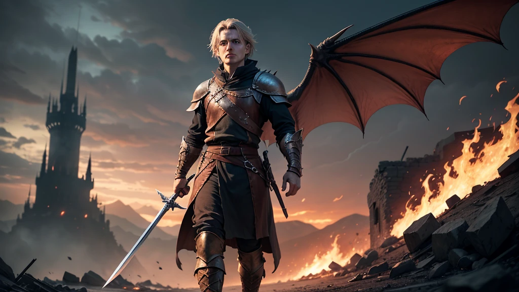 In the Devastated Lands of Valyria, where scars of war run deep,
Draegan strides with courage, fire blazing in his eyes.
With sword ablaze and dragon wings unfurled,
He bears the legacy of skies, son of Elara, power in his veins.