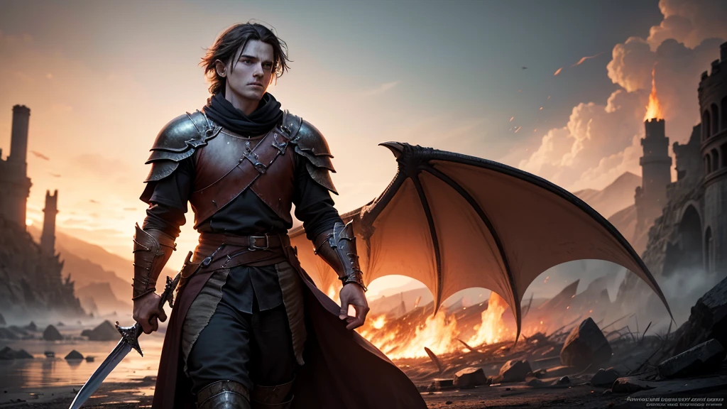 In the Devastated Lands of Valyria, where scars of war run deep,
Draegan strides with courage, fire blazing in his eyes.
With sword ablaze and dragon wings unfurled,
He bears the legacy of skies, son of Elara, power in his veins.