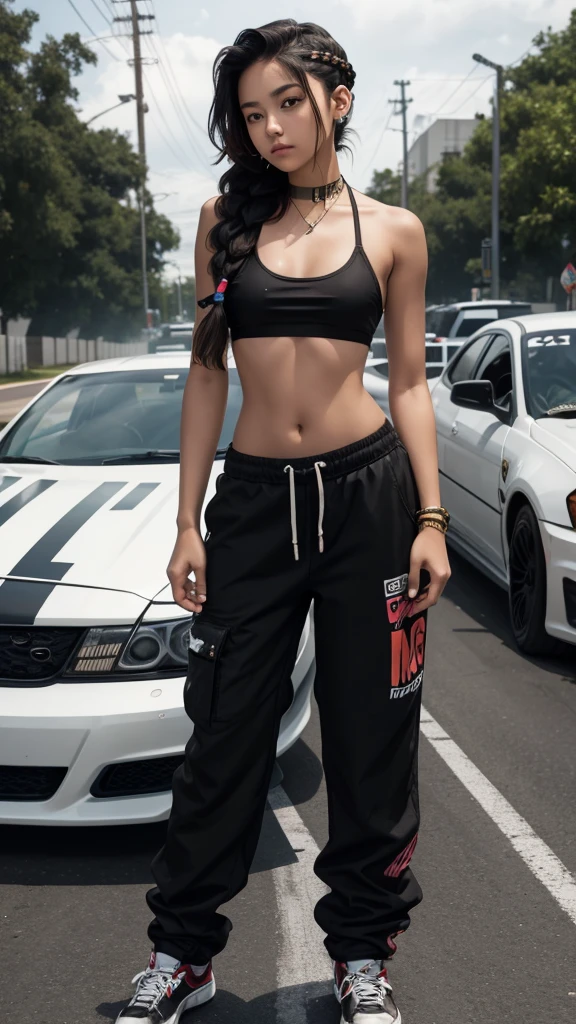 Teenage girl, illegal street racer, Bikini top, baggy pants, long black braided hair, fair skin, slight tan