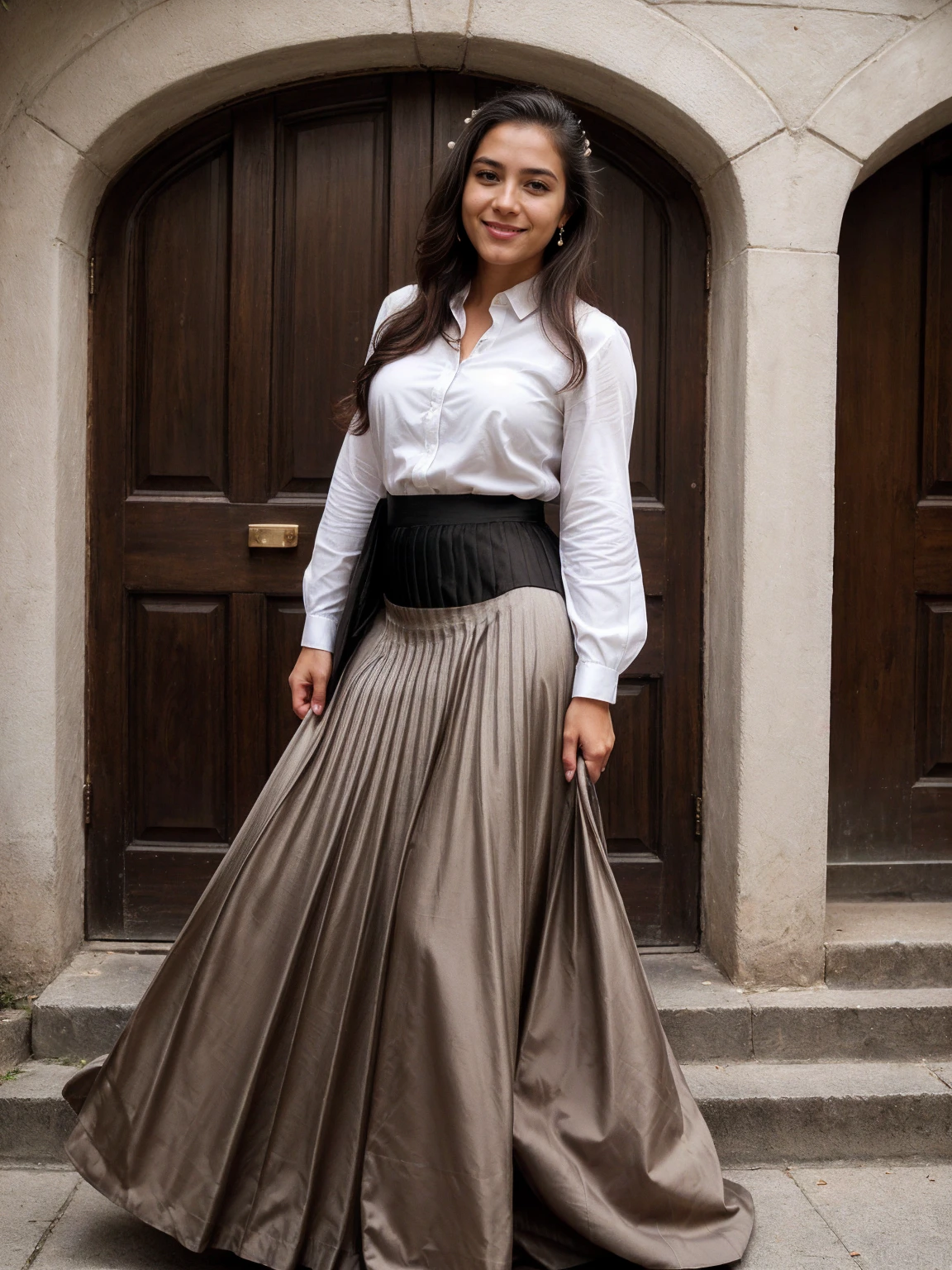 smiling colombian woman, (((Hair courtesy suits,((long skirt)),(head of'artwork, Superior quality, Droit proche et lointain), Belle expression, and 8K, Photo brute, photorealistic, Grains de film, Chromatic aeration, high resolution, ultra-detailed, finely detailed, dynamic lighting, dramatic lighting、shadowy、extremely detailed eyes and face、Modern and luxurious round music stand)))、Good shape