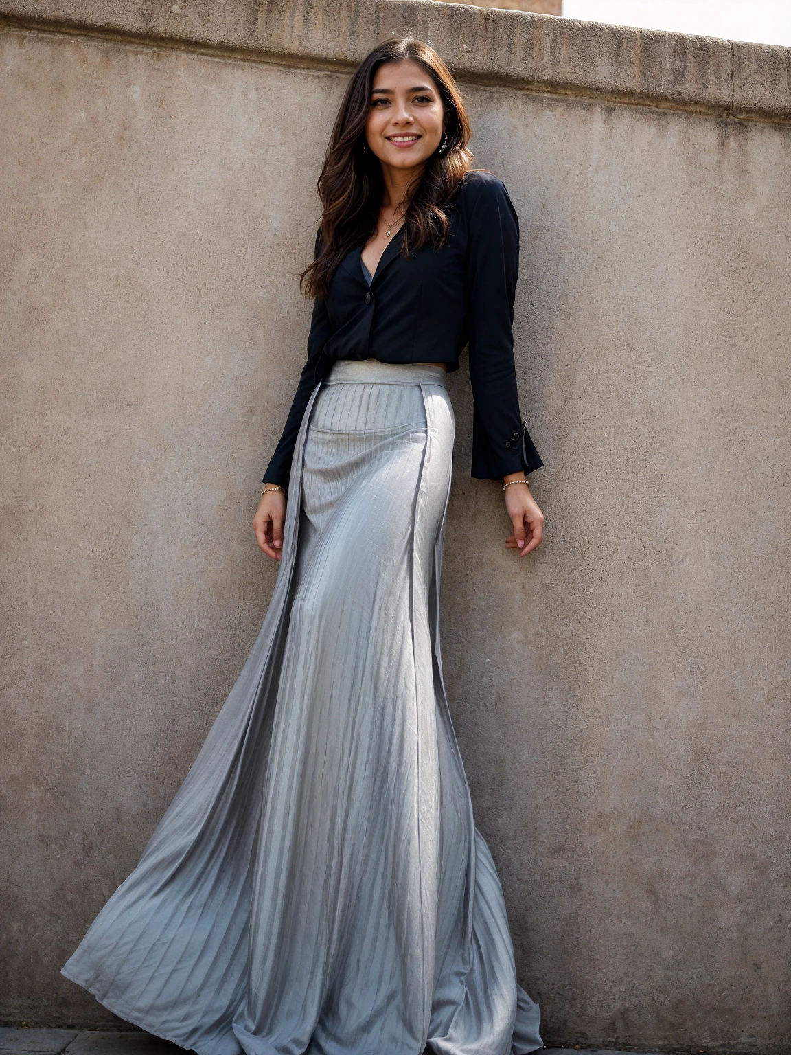 smiling colombian woman, (((Hair courtesy suits,((long skirt)),(head of'artwork, Superior quality, Droit proche et lointain), Belle expression, and 8K, Photo brute, photorealistic, Grains de film, Chromatic aeration, high resolution, ultra-detailed, finely detailed, dynamic lighting, dramatic lighting、shadowy、extremely detailed eyes and face、Modern and luxurious round music stand)))、Good shape