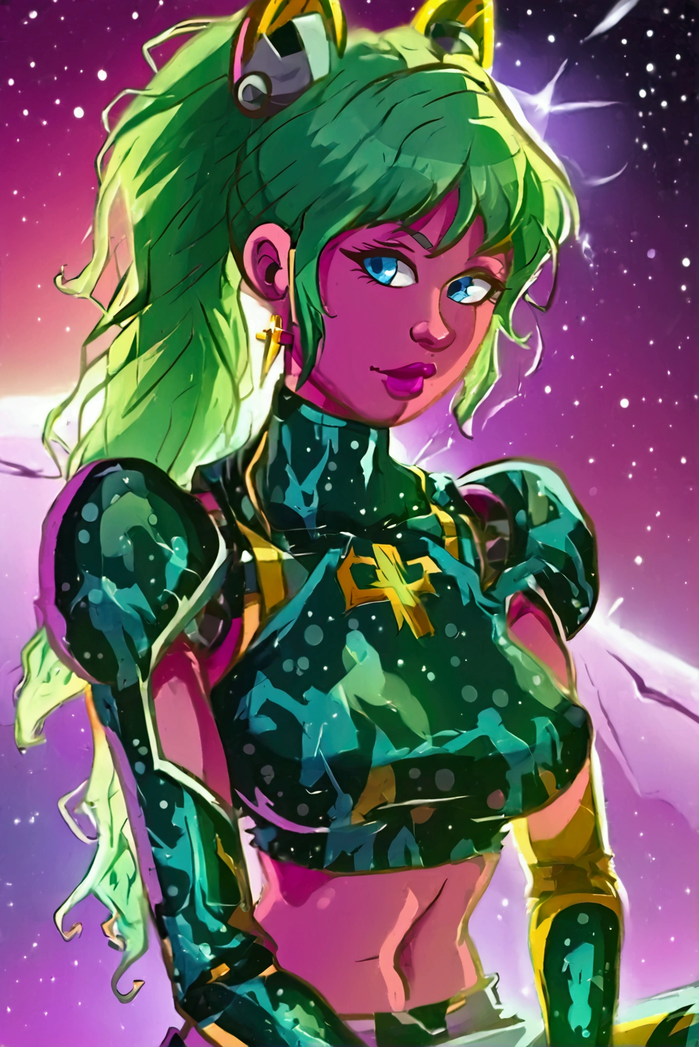 ::web comic:: a full-length close-up of a cartoon woman with green hair,big boobies , girl of the zodiac knights, portrait girl of the zodiac knights, portrait anime space cadet girl, girl in space, queen of the galaxy, goddess of the galaxies, cosmic girl,small sweatshirt shorts, and small shirt, saiyan girl, molly space, on a galaxy-looking background, intergalactic princess, android heroine, cyborg goddess in cosmos, sitting cross-legged on top of a piece of floating planet.