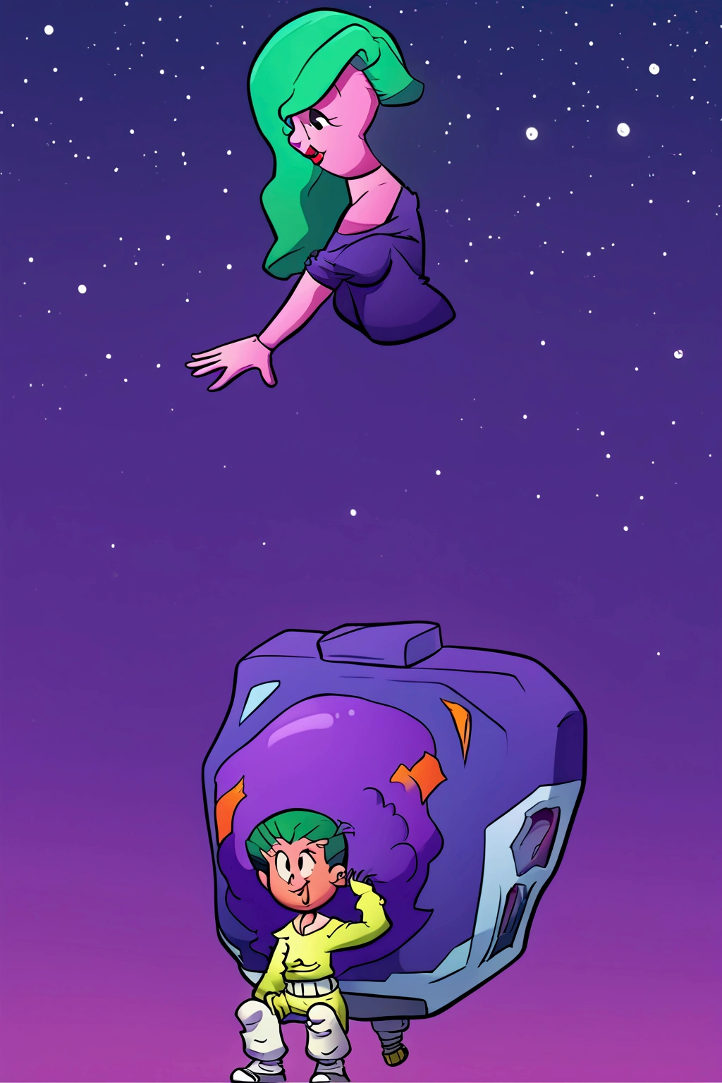 ::web comic:: a full-length close-up of a cartoon woman with green hair,big boobies , girl of the zodiac knights, portrait girl of the zodiac knights, portrait anime space cadet girl, girl in space, queen of the galaxy, goddess of the galaxies, cosmic girl,small sweatshirt shorts, and small shirt, saiyan girl, molly space, on a galaxy-looking background, intergalactic princess, android heroine, cyborg goddess in cosmos, sitting cross-legged on top of a piece of floating planet.