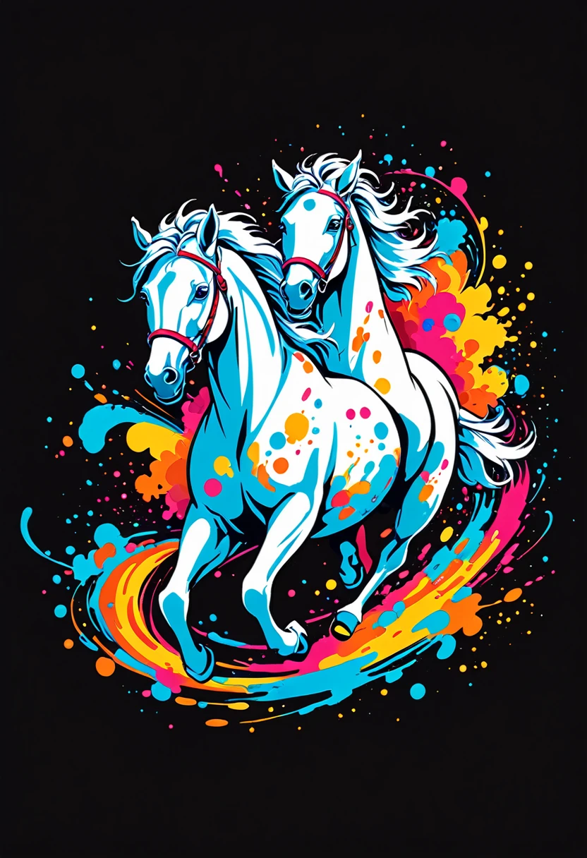 T-shirt logo with vector art, Colorful illustration with two white horses running, At the center, swirly vibrant colors, ink spatter, paint stains and running paint, high détail,black backdrop