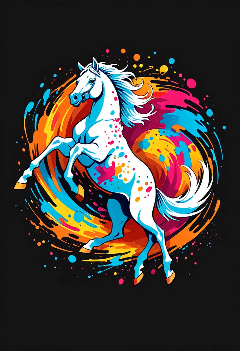 T-shirt logo with vector art, Colorful illustration with two white horses running, At the center, swirly vibrant colors, ink spatter, paint stains and running paint, high détail,black backdrop