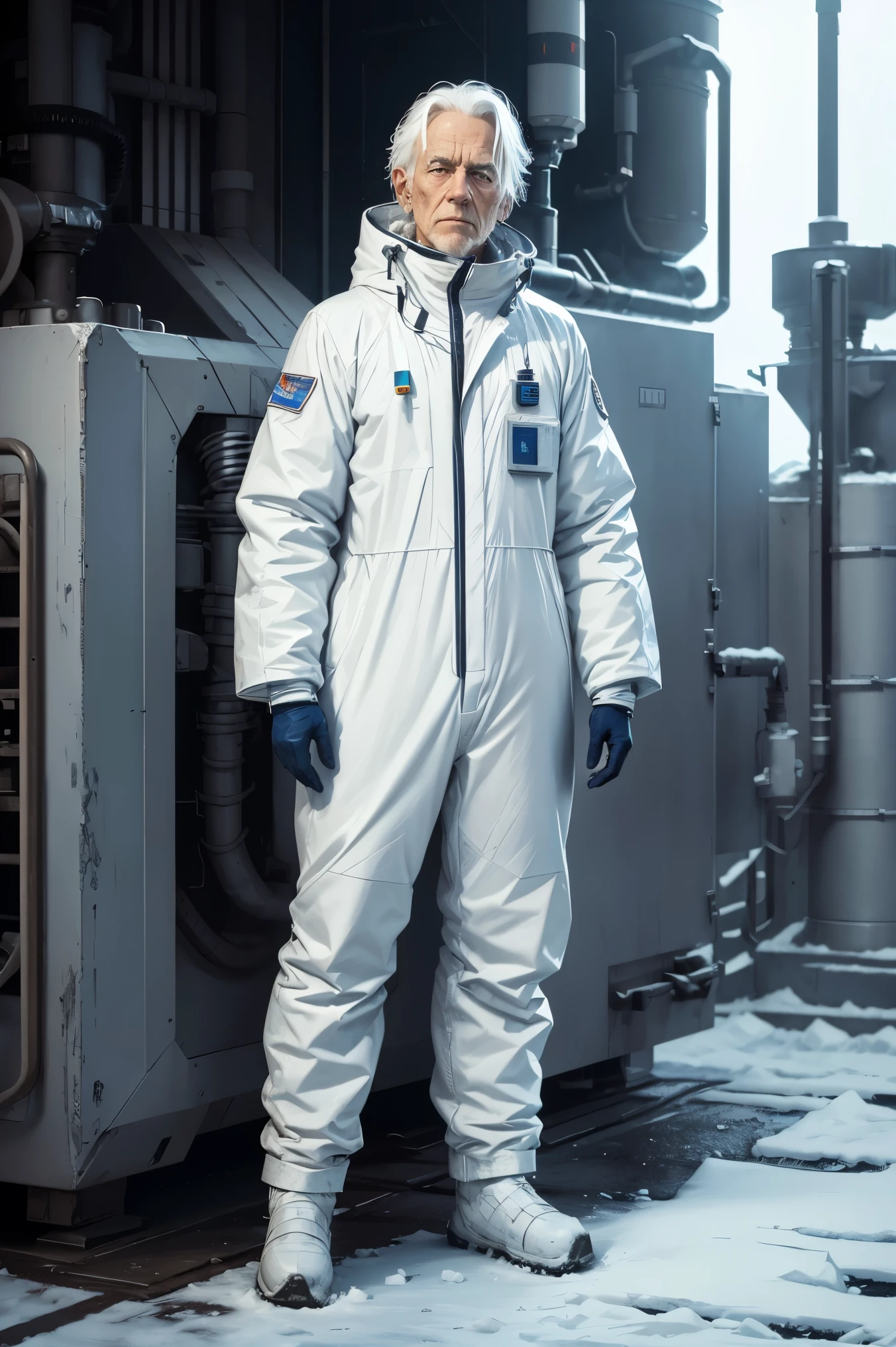 full body shot of old ice technology scientist, chemical protection suit, (calm look), frost, tired, white hair, (relaxed pose),