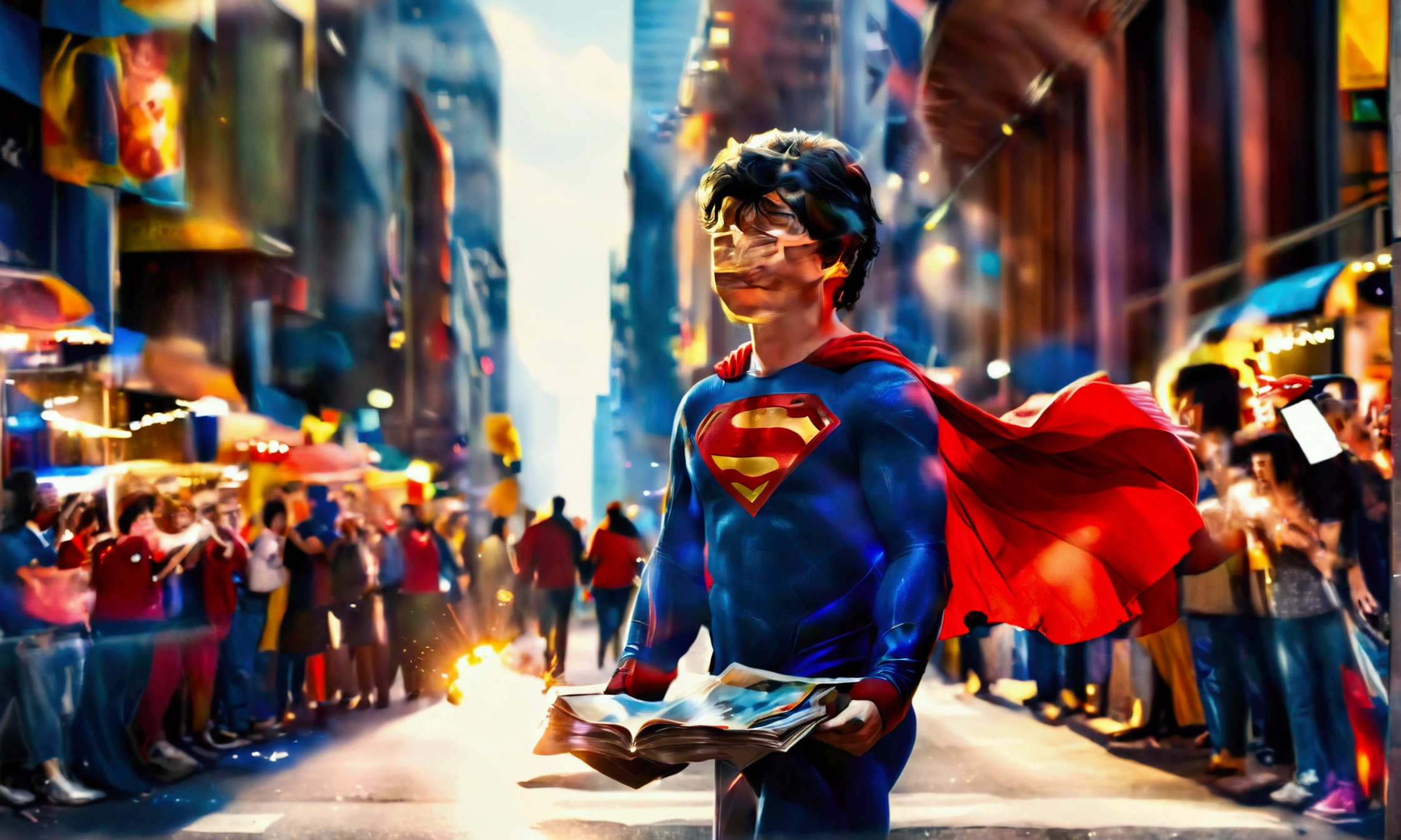 Imagine a scene where Tom Welling, dressed as Superman looking small kid, is standing on a busy city street. The sun is shining brightly, casting a warm glow on the scene. Tom Welling is wearing the iconic Superman suit, complete with the red cape flowing slightly in the breeze. His dark hair is neatly styled, and he has a broad, friendly smile on his face. He's holding a pen in one hand and a stack of photographs in the other, which he's signing for a large, enthusiastic crowd of fans. The fans, a diverse mix of ages and backgrounds, are excitedly reaching out with their own items to be signed, such as comic books, posters, and memorabilia. Some fans are holding up their phones, capturing the moment with photos and videos. The background is bustling with city life, with tall buildings, street vendors, and other pedestrians going about their day. There's a sense of energy and excitement in the air, as people in the crowd chat and share their excitement about meeting their hero. The overall atmosphere is one of joy and admiration, with Superman bringing a bit of magic to an ordinary day.