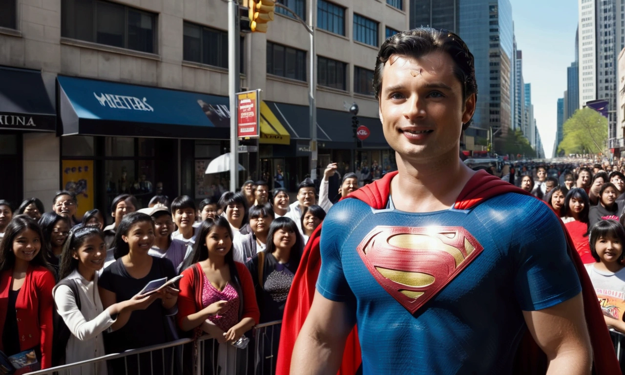 Imagine a scene where Tom Welling, dressed as Superman looking small kid, is standing on a busy city street. The sun is shining brightly, casting a warm glow on the scene. Tom Welling is wearing the iconic Superman suit, complete with the red cape flowing slightly in the breeze. His dark hair is neatly styled, and he has a broad, friendly smile on his face. He's holding a pen in one hand and a stack of photographs in the other, which he's signing for a large, enthusiastic crowd of fans. The fans, a diverse mix of ages and backgrounds, are excitedly reaching out with their own items to be signed, such as comic books, posters, and memorabilia. Some fans are holding up their phones, capturing the moment with photos and videos. The background is bustling with city life, with tall buildings, street vendors, and other pedestrians going about their day. There's a sense of energy and excitement in the air, as people in the crowd chat and share their excitement about meeting their hero. The overall atmosphere is one of joy and admiration, with Superman bringing a bit of magic to an ordinary day.