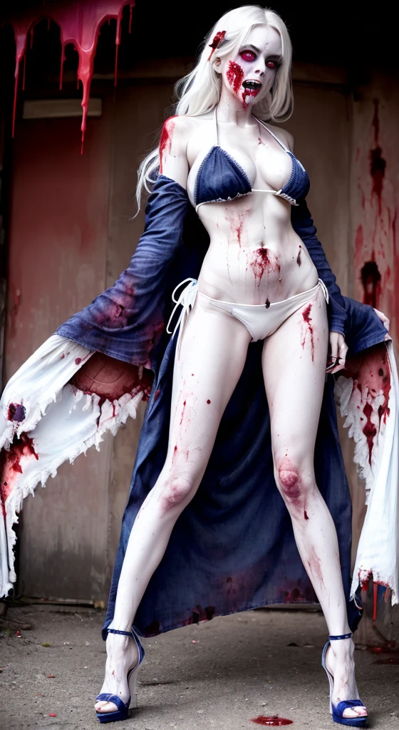 ((Female zombie))((Both eyes are completely pure white:1.2))((White skin, Really long legs))((very huge))((Wearing an indigo deep V low-cut bikini))((Wear indigo high heels:1.2))((Covered in blood))