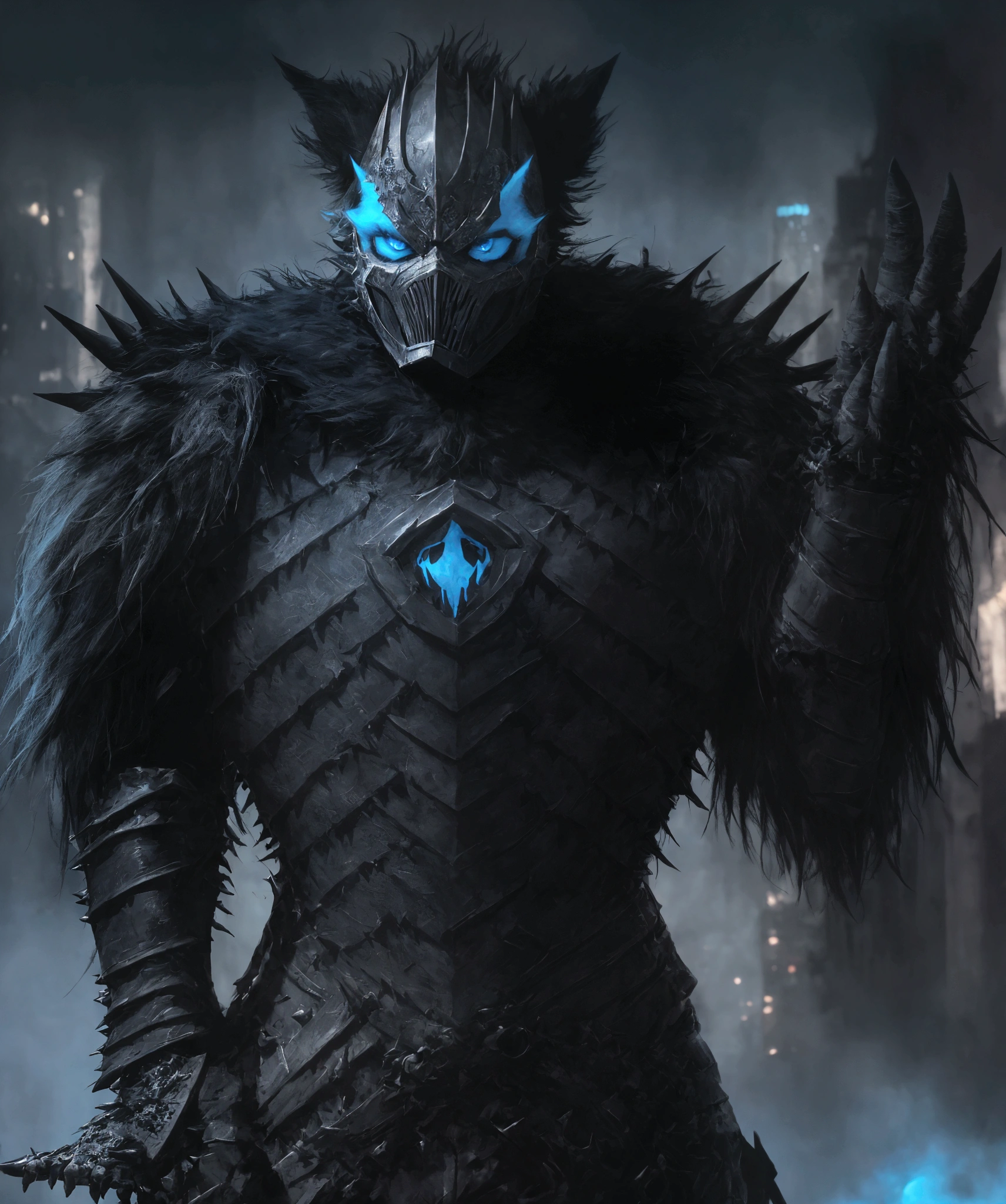 (extremely detailed 8k wallpaper), a medium shot photo of Grim dressed as a scary masked black and baby blue furry-supervillain in a black and baby blue spiked armour made of fur glowing armour with spikes from marvel, theme, intricate, high detail, dramatic, furry monster and destroyed buildings in the background
