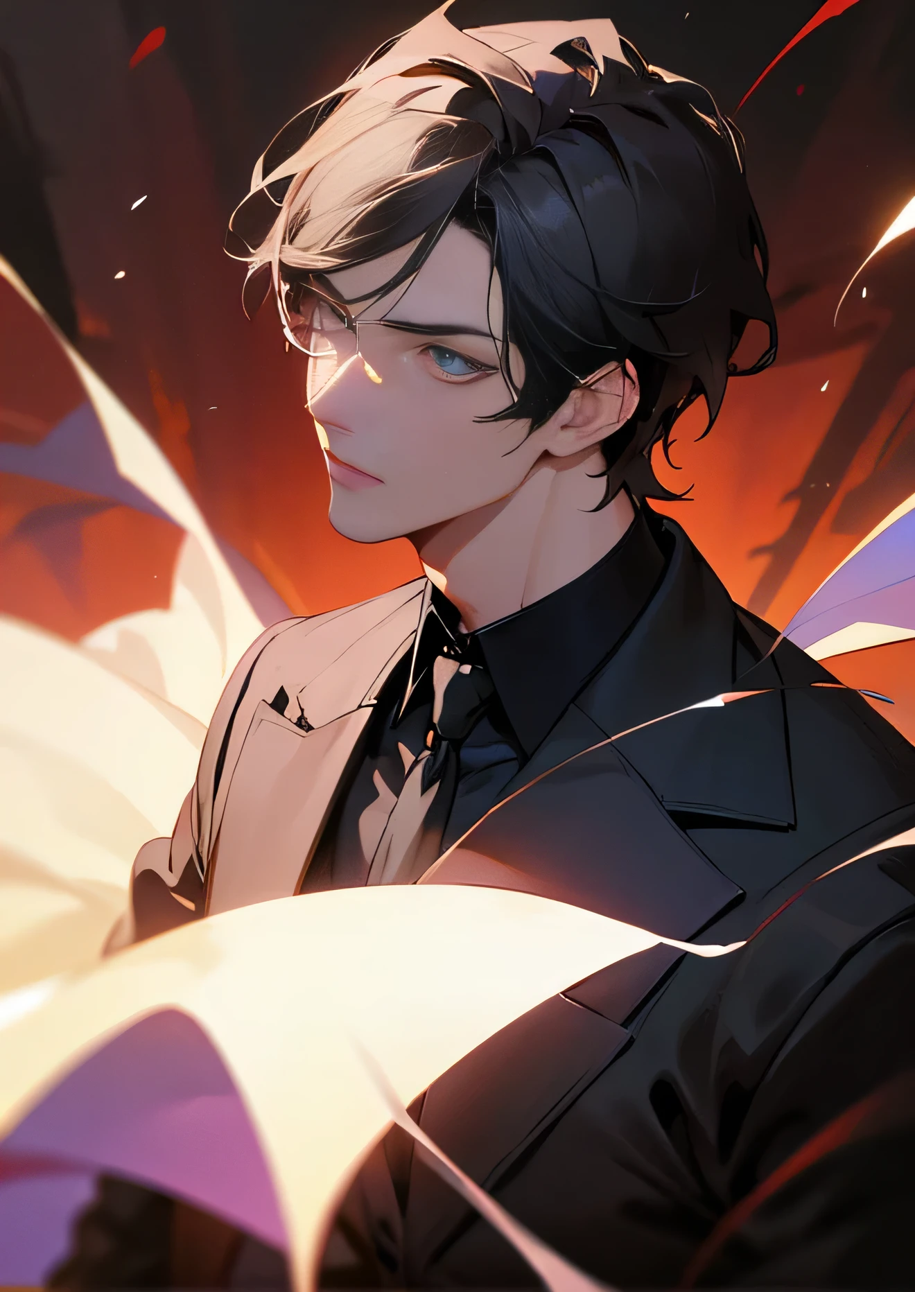 Elegant handsome man with purple pupils, wearing a black shirt, black trousers, short black hair, (top quality, 8k, high, masterpiece), highly detailed facial features, intricate details, natural lighting, warm color, soft focus, digital painting, fantasy art, silhouette, red light, eerie atmosphare, dark aura, black particles, perfect eyes, beautiful eyes, adult male.