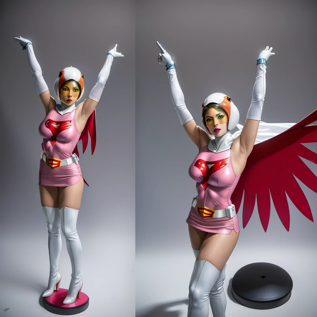 ANI_CLASSIC_jun_gatchaman_ownwaifu,1girl, ,good anatomy, masterpiece, best quality,realistic, hyperrealistic, 16k hdr,breasts,green eyes,lips,large breasts,lipstick,makeup,gloves,cape,helmet,belt,elbow gloves,white gloves,mask,ultra miniskirt,leotard,spacesuit,white tight overknee highheels boots,pink dress,superhero,bodysuit,cleavage,erected nipples,((standing pose,spread legs, arms up straight)),cameltoe