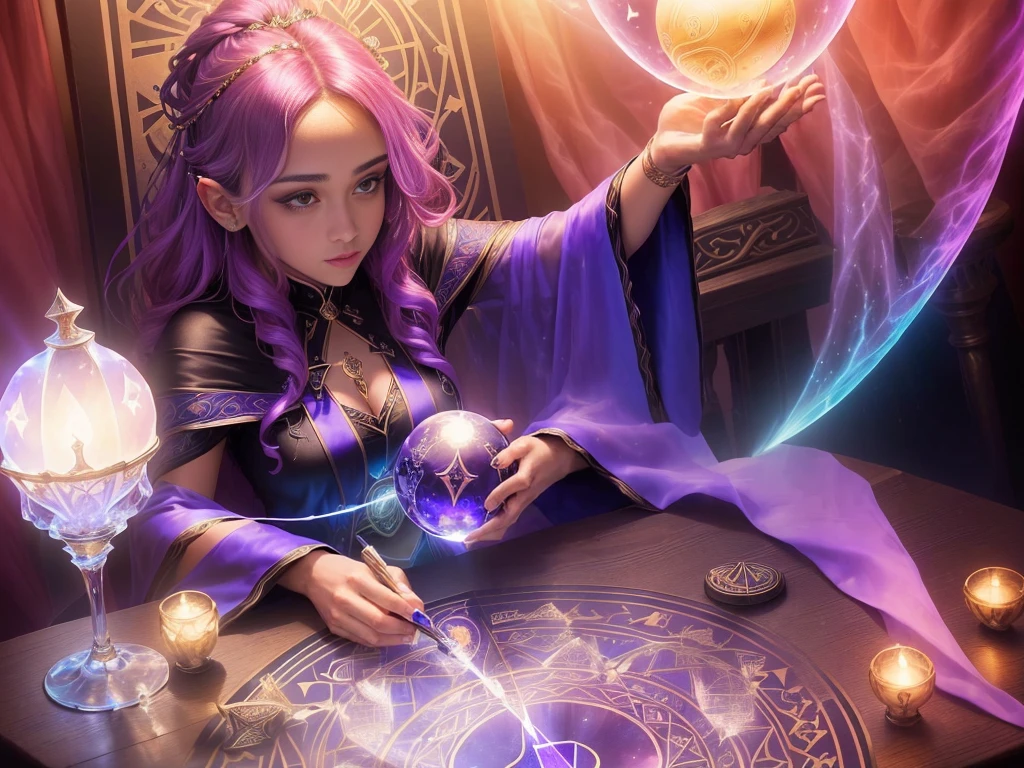 there is a woman sitting at a table with a glass of wine, fortune teller, holding a crystal ball, casting a protection spell, beautiful stella maeve magician, mystical setting, tarot!!, by Rhea Carmi, spell casting, psychic girl, gorgeous stella maeve magician, casting magic spell, mystical feeling, dressed as an oracle, as a tarot card