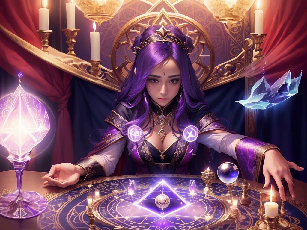 there is a woman sitting at a table with a glass of wine, fortune teller, holding a crystal ball, casting a protection spell, beautiful stella maeve magician, mystical setting, tarot!!, by Rhea Carmi, spell casting, psychic girl, gorgeous stella maeve magician, casting magic spell, mystical feeling, dressed as an oracle, as a tarot card