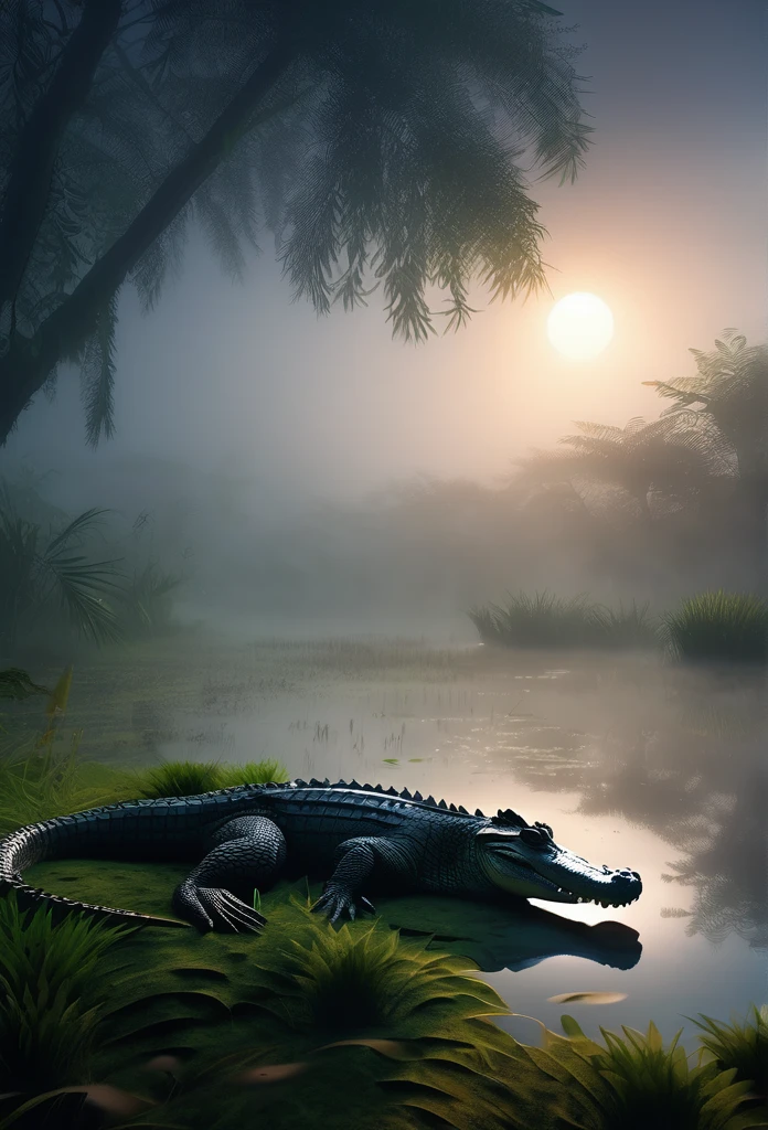 a sleeping crocodile in a misty swamp, detailed scales, glowing eyes, surrounded by lush vegetation, moonlight shining through the fog, (best quality,4k,8k,highres,masterpiece:1.2),ultra-detailed,(realistic,photorealistic,photo-realistic:1.37),HDR,UHD,studio lighting,extreme detail description,vivid colors,moody lighting
