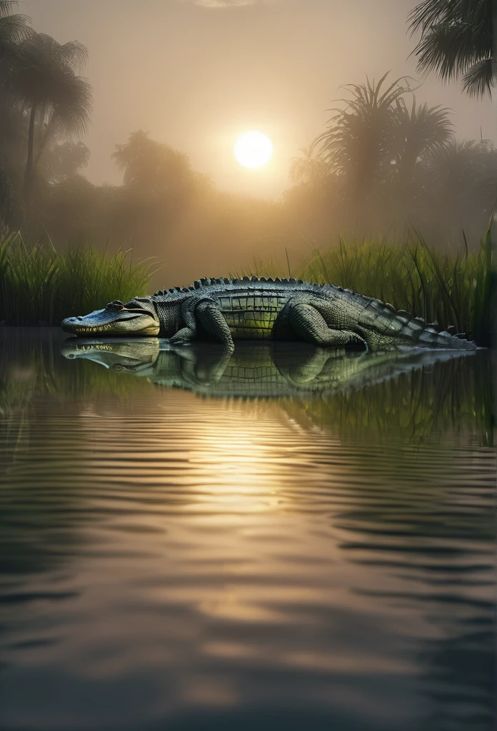 a sleeping crocodile in a misty swamp, detailed scales, glowing eyes, surrounded by lush vegetation, moonlight shining through the fog, (best quality,4k,8k,highres,masterpiece:1.2),ultra-detailed,(realistic,photorealistic,photo-realistic:1.37),HDR,UHD,studio lighting,extreme detail description,vivid colors,moody lighting