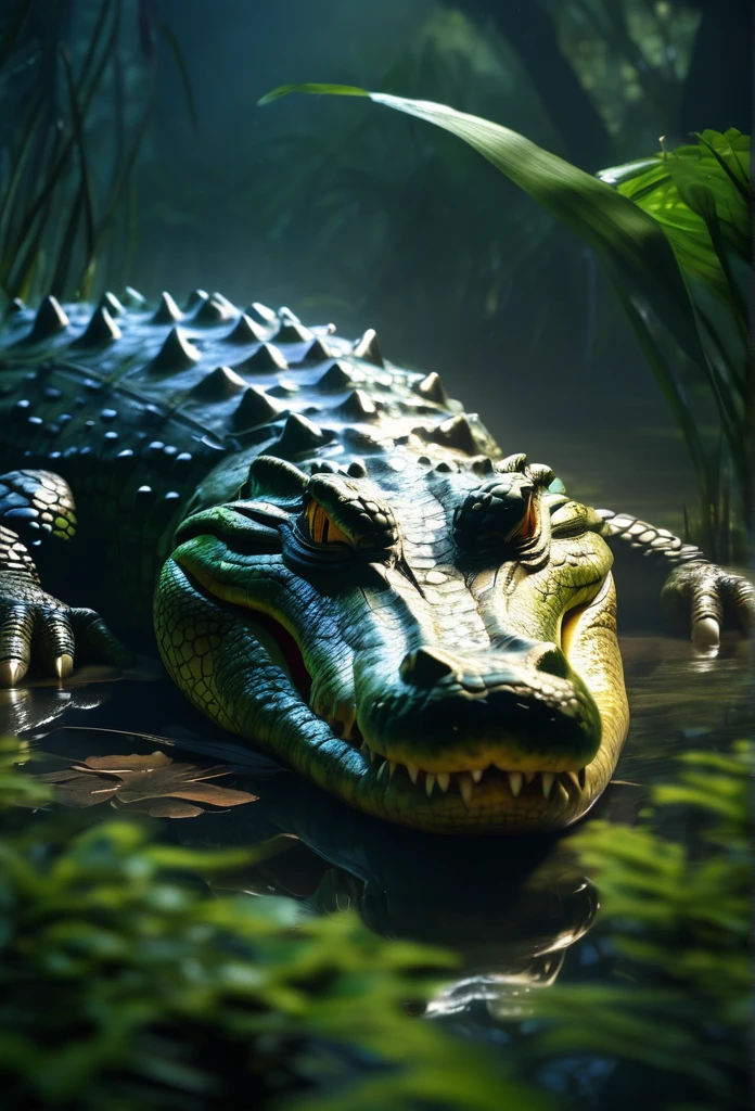 a sleeping crocodile in a misty swamp, detailed scales, glowing eyes, surrounded by lush vegetation, moonlight shining through the fog, (best quality,4k,8k,highres,masterpiece:1.2),ultra-detailed,(realistic,photorealistic,photo-realistic:1.37),HDR,UHD,studio lighting,extreme detail description,vivid colors,moody lighting