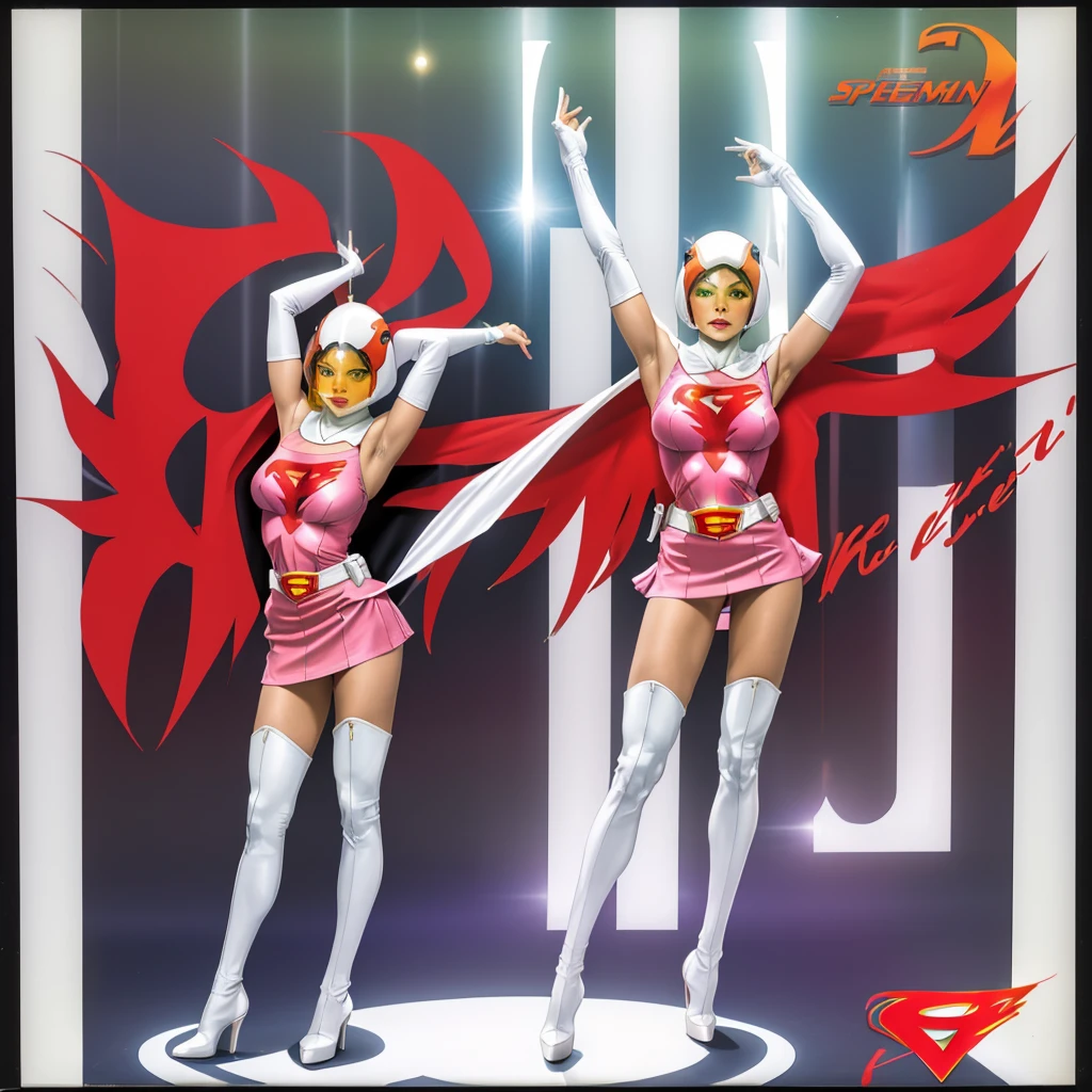 ANI_CLASSIC_jun_gatchaman_ownwaifu,1girl, 15 years old,good anatomy, masterpiece, best quality,realistic, hyperrealistic, 16k hdr,breasts,green eyes,lips,large breasts,lipstick,makeup,gloves,cape,helmet,belt,elbow gloves,white gloves,mask,ultra miniskirt,leotard,spacesuit,white tight overknee highheels boots,pink dress,superhero,bodysuit,cleavage,erected nipples,((standing pose,spread legs, arms up straight)),cameltoe