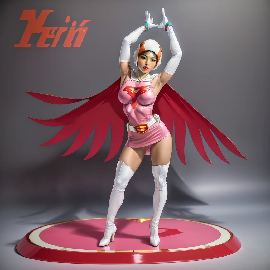 ANI_CLASSIC_jun_gatchaman_ownwaifu,1girl, ,good anatomy, masterpiece, best quality,realistic, hyperrealistic, 16k hdr,breasts,green eyes,lips,large breasts,lipstick,makeup,gloves,cape,helmet,belt,elbow gloves,white gloves,mask,ultra miniskirt,leotard,spacesuit,white tight overknee highheels boots,pink dress,superhero,bodysuit,cleavage,erected nipples,((standing pose,spread legs, arms up straight)),cameltoe
