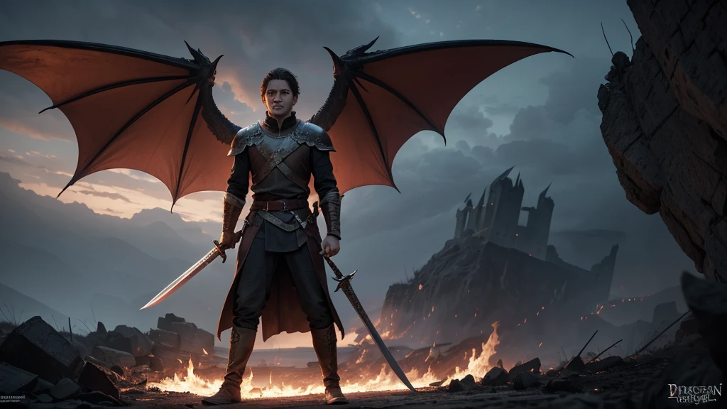 In the Devastated Lands of Valyria, where scars of war run deep,
Draegan strides with courage, fire blazing in his eyes.
With sword ablaze and dragon wings unfurled,
He bears the legacy of skies, son of Elara, power in his veins.