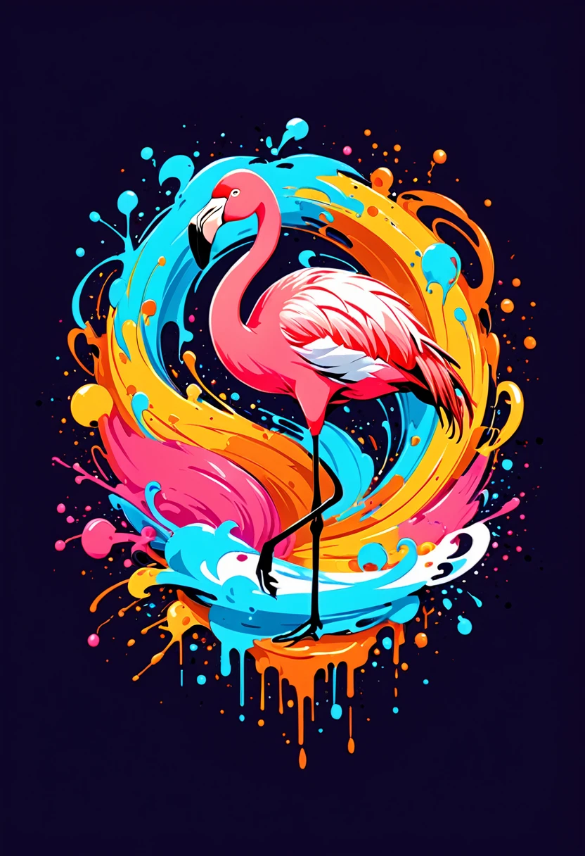 T-shirt logo with vector art, Colorful illustration with flamingo, At the center, swirly vibrant colors，graffiti art，ink spatter，UHD quality, details in 16k, Wild and unbridled，ink wink painting，rich and colorful，visual impact,modern aesthetic,Elegant and simple