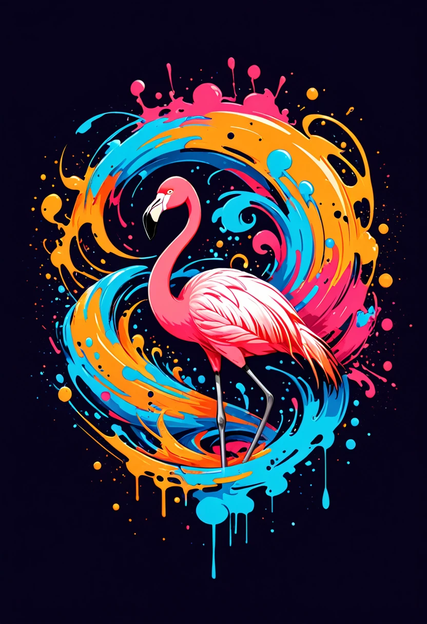 T-shirt logo with vector art, Colorful illustration with flamingo, At the center, swirly vibrant colors,graffiti art,ink spatter,UHD quality, details in 16k, Wild and unbridled,ink wink painting,rich and colorful,visual impact,modern aesthetic,Elegant and simple