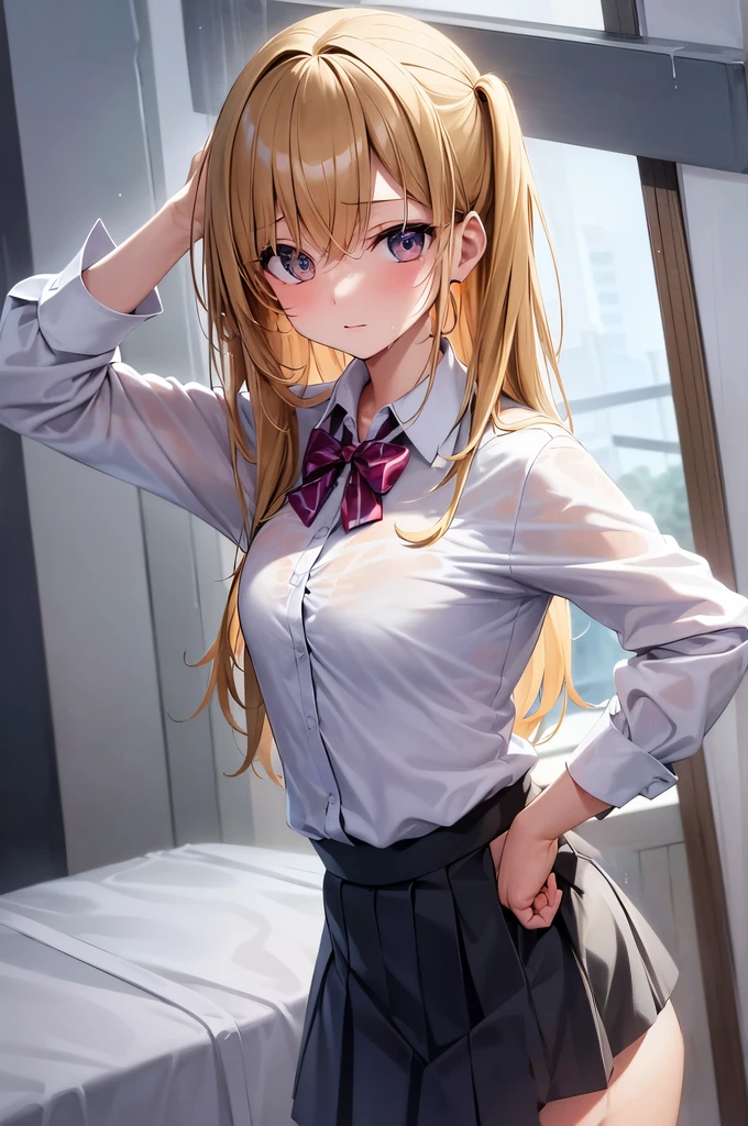 Best quality, A high resolution, absurdity, ultra detailed, 1 girl, hair_square, skirt, one, shirt, rain, wet_cloth, hair_square, wet, small_breast, underwear, wet_skirt, look through, blonde, amber_eyes, white_brassiere.