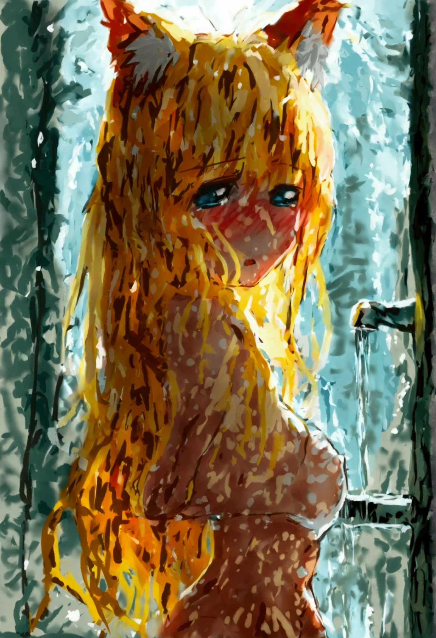 best quality, Girls peeing, cat ears, Long hair, extralange Koteletten, girl pee, piss, pee, pee self, lineares pee, looking down, (Blush:1.5), Full body shot, from bottom, squirt, breasts, rock