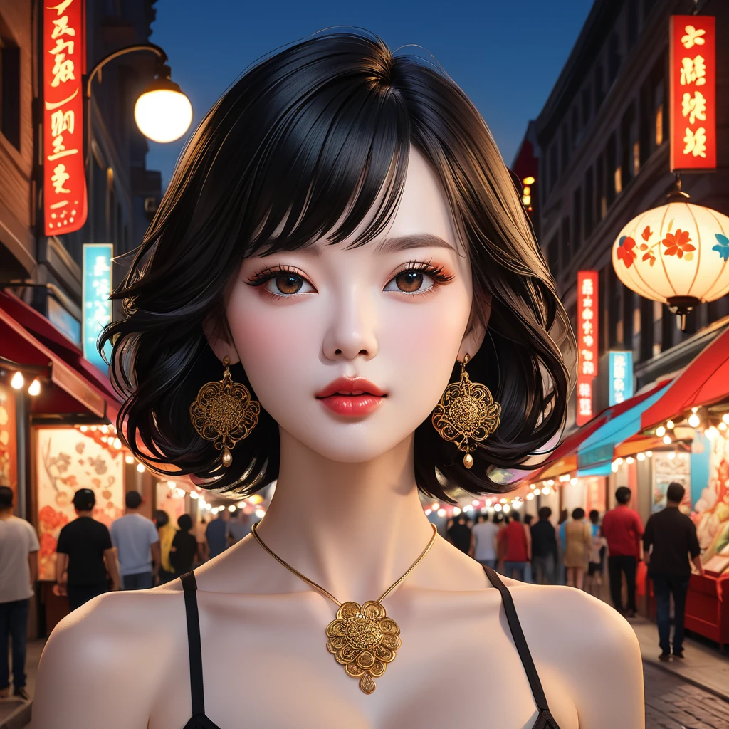 Obra de artistry, best qualityer, Miranda, (half-body shot,street lamps,moonligh),Obra de artistry, 1 girl, solo exhibition, beautiful woman on busy street, surrounded by street vendors, beautiful goddess portrait, beautiful and detailed face, Porcelain Skin, (((shot not bust, downtown, natta, Bblack hair, shorth hair)), super soft lighting, symetry, Complexity, elegance, high détail, 真实感, artistry, artistry conceituale,