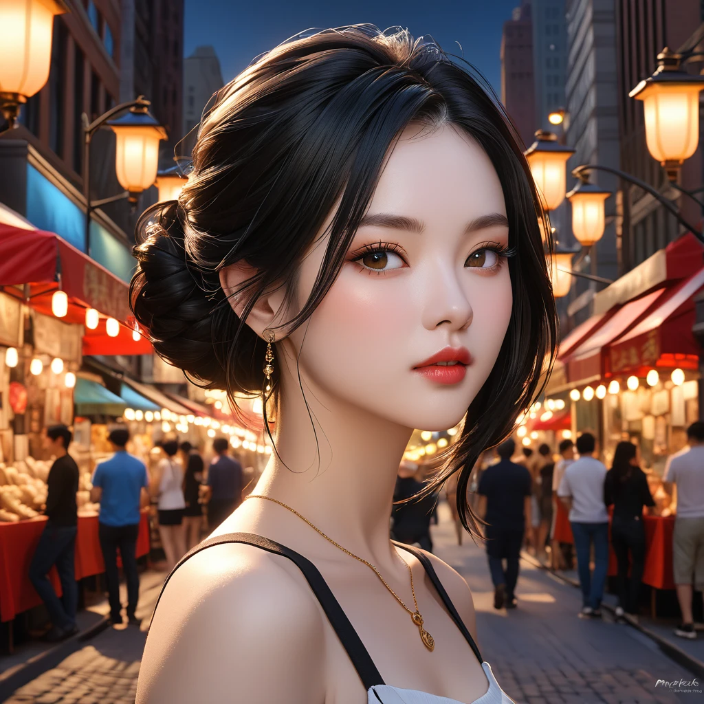 one girl、Ash gray hair、charming eyes、shortcut、ponytail、plump lips、camisole、beautiful skin、small breasts、breasts are small、night time、Street food stalls in Taiwan、The stuffy heat、everyday city、RAW photo、highest quality、ultra high resolution、high resolution、master piece:1.3、８ｋ、professional photographer、