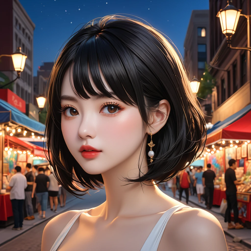 Obra de artistry, best qualityer, Miranda, (half-body shot,street lamps,moonligh),Obra de artistry, 1 girl, solo exhibition, beautiful woman on busy street, surrounded by street vendors, beautiful goddess portrait, beautiful and detailed face, Porcelain Skin, (((shot not bust, downtown, natta, Bblack hair, shorth hair)), super soft lighting, symetry, Complexity, elegance, high détail, 真实感, artistry, artistry conceituale,