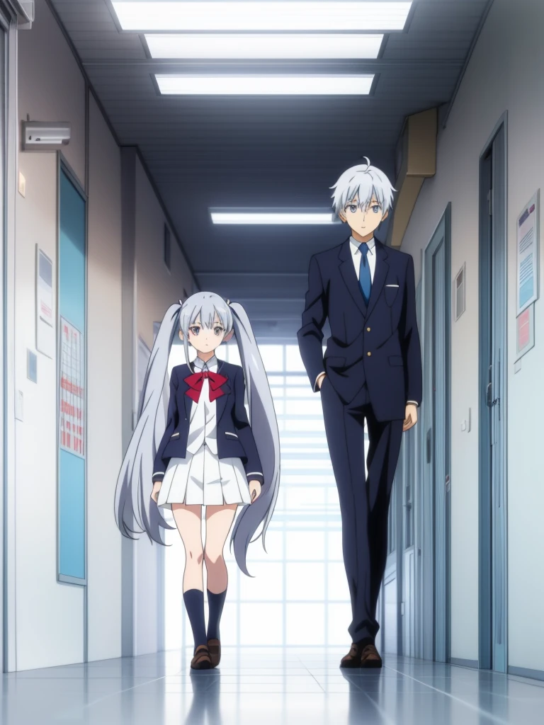 1girl, anime girl, silver hair, long twintails, silver eyes, dark blue school suit, white skirt with white line, anime screencap, anime poster, school hallway