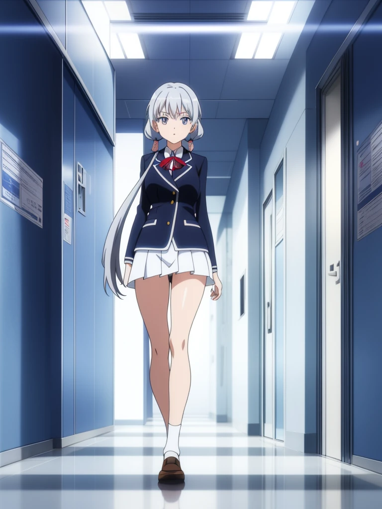 1girl, anime girl, silver hair, long twintails, silver eyes, dark blue school suit, white skirt with white line, anime screencap, anime poster, school hallway