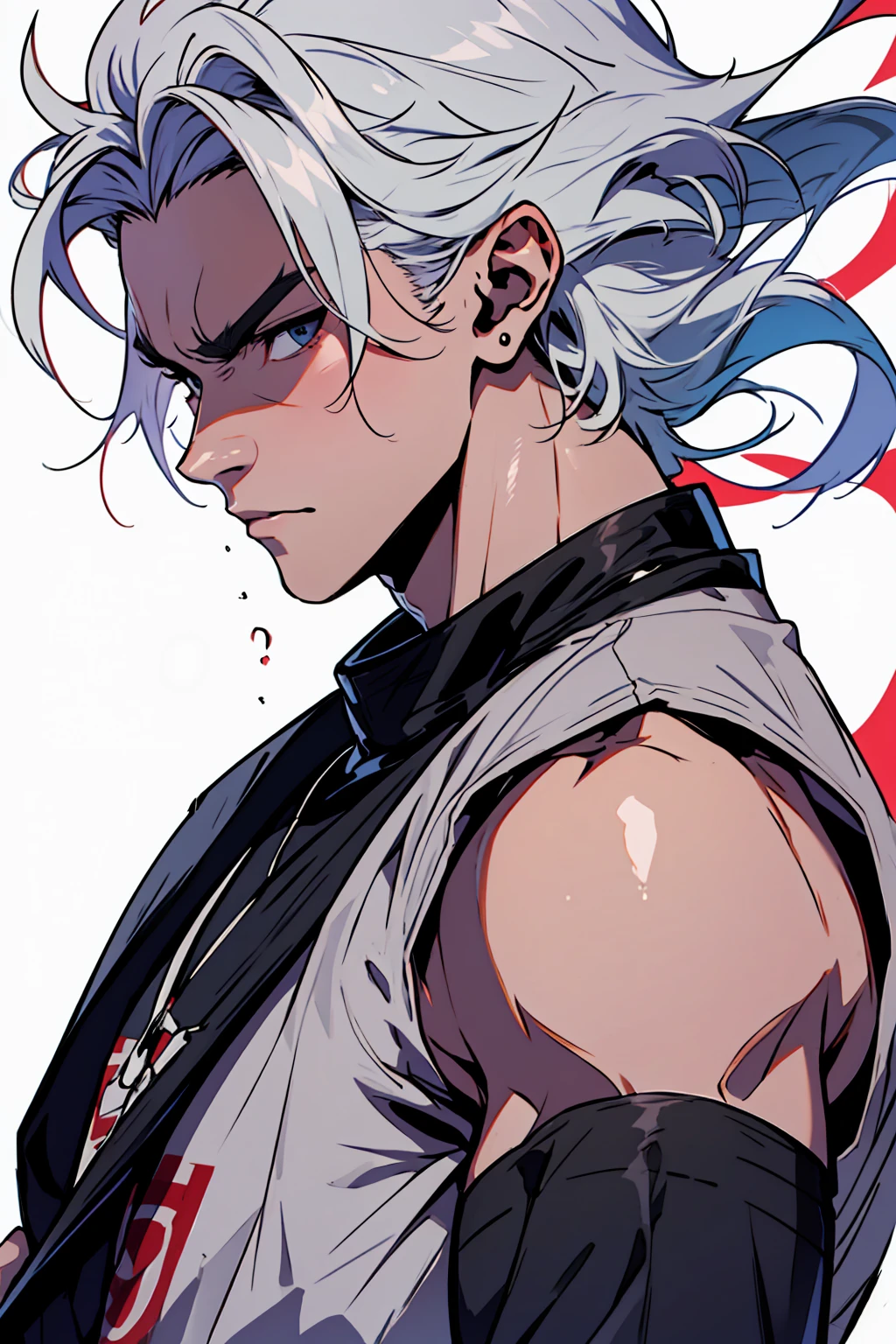 close up, face, highest quality, 8K, high resolution image, Jujutsu Kaisen estilo anime , Arataki Itto, Detailed strokes, nblurry background, purple light reflecting on it , (close up angle), 1 men, Youngh, mascle, role model, front with hand in pants pocket , multicolored background with various geometric shapes , round stickers, brawny, red and white hair, swollen chest, wearing a tight shirt , striking eyes , with the shirt, swollen chest