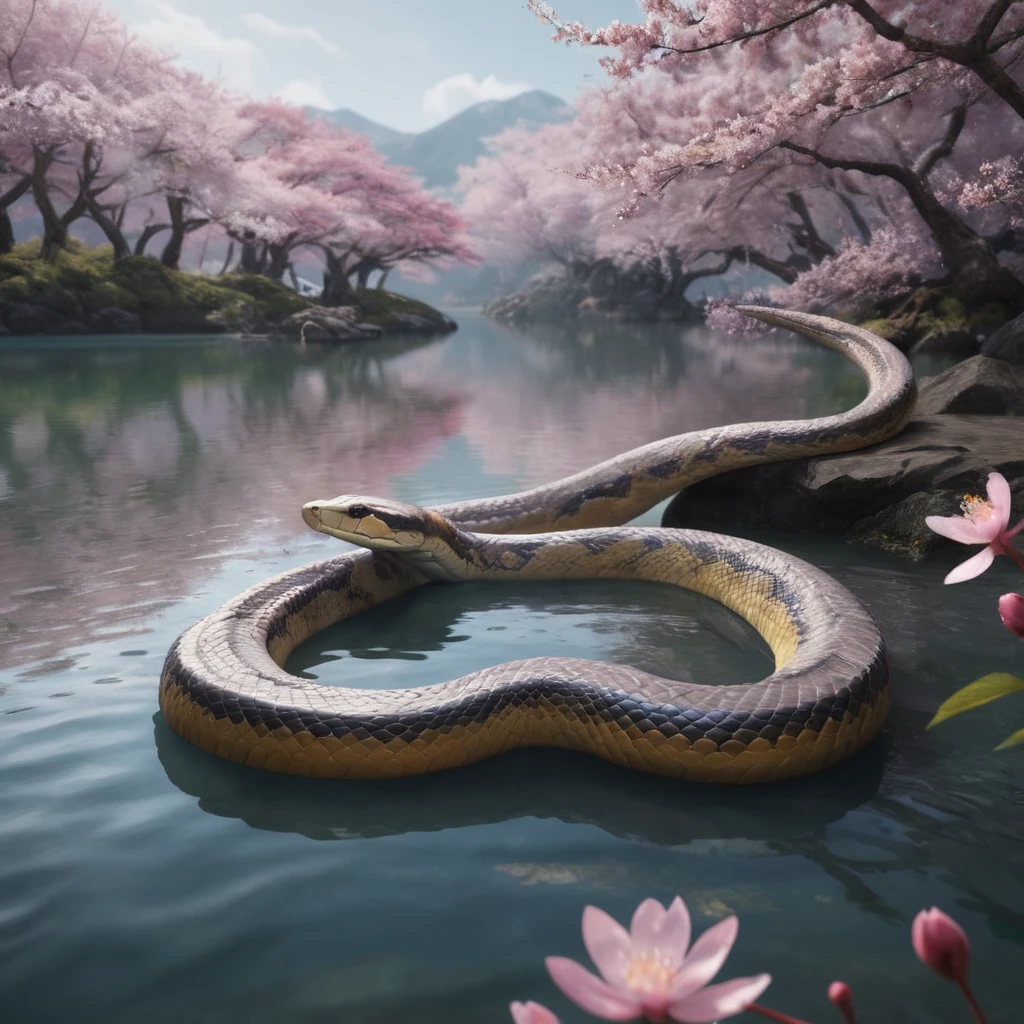 full body portrait of a realistic faint banded sea snake, cobra hybrid reptile, mysterious lake scenery, cherry blossoms, Asia, full body, cinematic, render, 8k, unreal engine, realistic, masterpiece, high detail, full body, low life, volumetric lighting